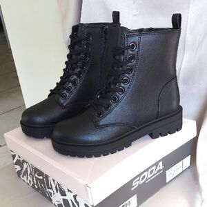 SODA Boots, Black Combat Style, Side Zip, Laces, Ankle Covered, Faux Leather NEW
